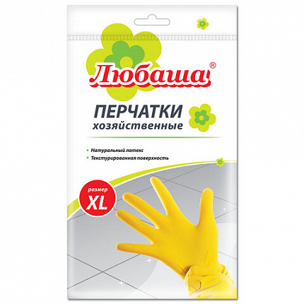 Перчатки МНОГОРАЗОВЫЕ латексные ЛЮБАША "ЭКОНОМ", хлопчатобумажное напыление, размер 9-10, XL (очень большой), желтые, вес 34 г, 603786
