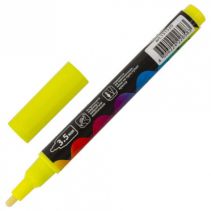 Маркер меловой "POP-ART" ЖЕЛТЫЙ, 3,5 мм, стираемый, для гладких поверхностей, BRAUBERG, 151520