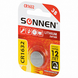 Батарейка литиевая SONNEN Lithium CR1632, "таблетка, дисковая, кнопочная", 1 шт., блистер, 457138