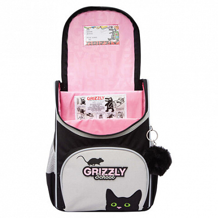 Ранец GRIZZLY анатомическая спинка, с мешком для обуви, для девочек, "BLACKY", серый, 33х25х13 см, RAm-584-1/2