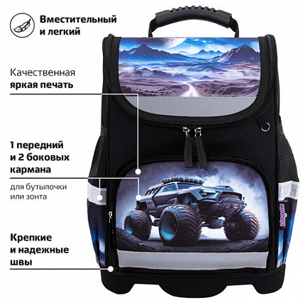Ранец ЮНЛАНДИЯ WISE, 1 отделение, 3 кармана, устойчивое дно, "Космо-гонщик", 37х29х15 см, 273163