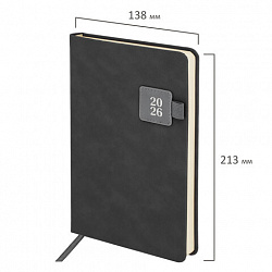 Ежедневник датированный 2026 А5 138х213 мм, BRAUBERG "Accent", под кожу, держатель, серый, 117385
