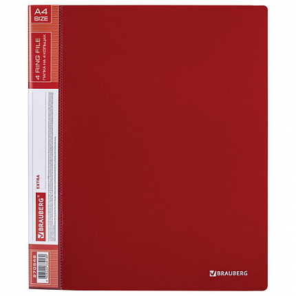 Папка на 4 кольцах, ширина 40 мм, BRAUBERG EXTRA, до 300 листов, КРАСНАЯ, 0,8 мм, 270549