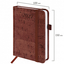 Ежедневник датированный 2027 МАЛЫЙ ФОРМАТ 100х150мм А6, BRAUBERG Wood, под кожу, коричневый, 118117