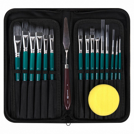 Кисти художественные набор 15 шт + мастихин в пенале, синие, синтетика, BRAUBERG ART