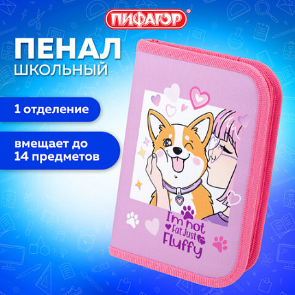 Пенал ПИФАГОР, 1 отделение, полиэстер, 19х13 см, "Fluffy akita", 272284