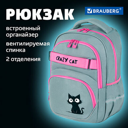 Рюкзак BRAUBERG MOTION, 2 отделения, 3 кармана, "Crazy cat", 41х28х17 см, 273115