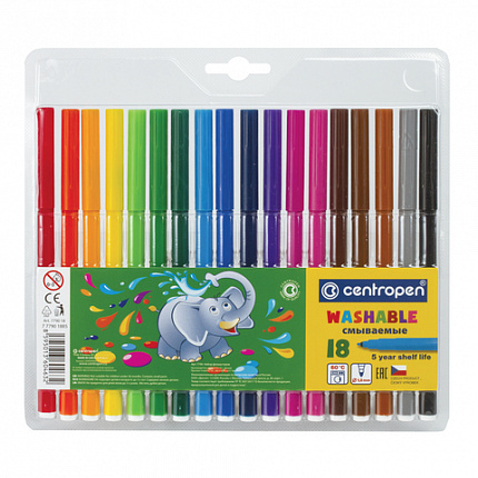Фломастеры 18 ЦВЕТОВ CENTROPEN "Washable", смываемые, вентилируемый колпачок, 7790/18TP, 777901885