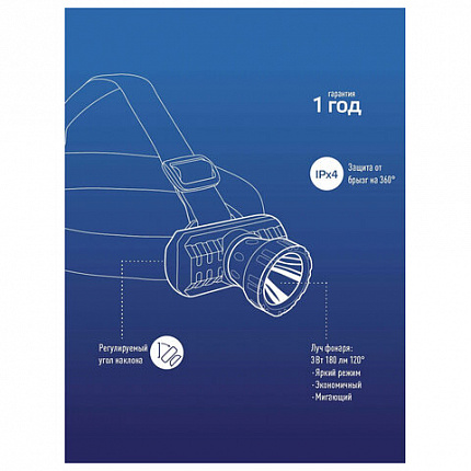 Фонарь налобный аккумуляторный КОСМОС 3 Вт LED, Li-ion, заряд от USB, KocAcHead3W