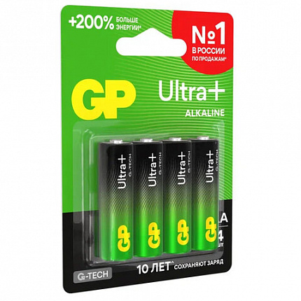 Батарейки КОМПЛЕКТ 4 шт., GP Ultra Plus G-Tech, AA (LR6), алкалиновые, пальчиковые, 15AUPA21-2CRSB4