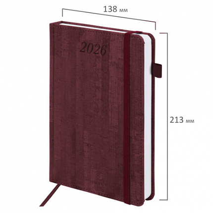 Ежедневник датированный 2026 А5 138x213 мм, BRAUBERG "Wood", под кожу, держатель для ручки, бордо, 117107