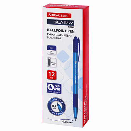 Ручка шариковая масляная с грипом BRAUBERG GLASSY TONE, СИНЯЯ, узел 0,7 мм, линия письма 0,35 мм, 144108