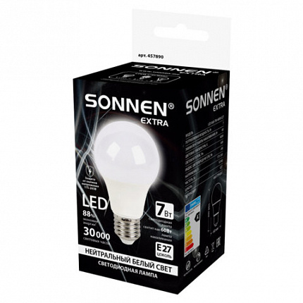 Лампа светодиодная SONNEN EXTRA, 7 (60) Вт, Е27, груша, нейтральный белый, 30000 ч, LED A60-7W-4000-Е27, 457890