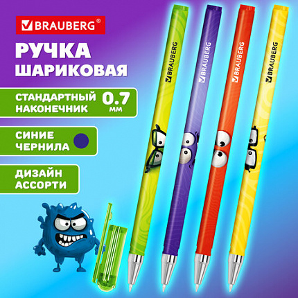 Ручка шариковая с принтом BRAUBERG "МОНСТРИКИ", СИНЯЯ, SOFT TOUCH покрытие, узел 0,7 мм, линия письма 0,35 мм, 144482