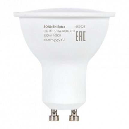 Лампа светодиодная SONNEN EXTRA, 10 (90) Вт, GU10, нейтральный белый, 30000 ч, LED MR16-GU10-10W-4000, 457925