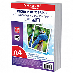 Фотобумага матовая, А4, 120 г/м2, односторонняя, 100 листов, ПАКЕТ, BRAUBERG ORIGINAL, 364425