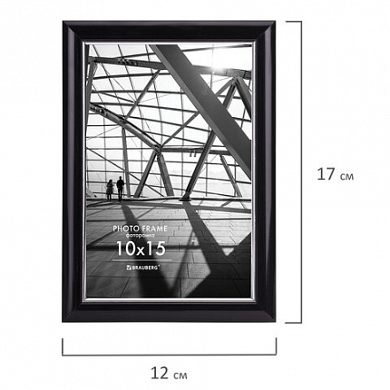 Рамка 10х15 см небьющаяся, багет 14,6 мм, пластик, BRAUBERG "Original Line", черная/серебро, 391233