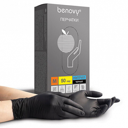 Перчатки нитриловые смотровые 50 пар (100 штук), размер 7-8, M (средний), черные, BENOVY Nitrile Chlorinated