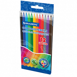 Карандаши цветные BRAUBERG, 12 цветов, цветной корпус, упаковка ПВХ-бокс, шестигранные, 182067