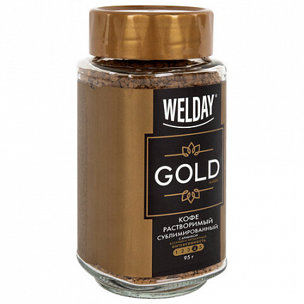 Кофе растворимый WELDAY (ВЭЛДЭЙ) "GOLD" 95 г, стеклянная банка, сублимированный, 622675