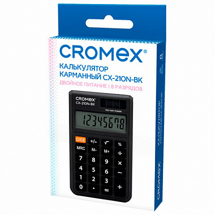 Калькулятор карманный CROMEX CX-210N-BK (96х62 мм), 8 разрядов, двойное питание, черный, 273834