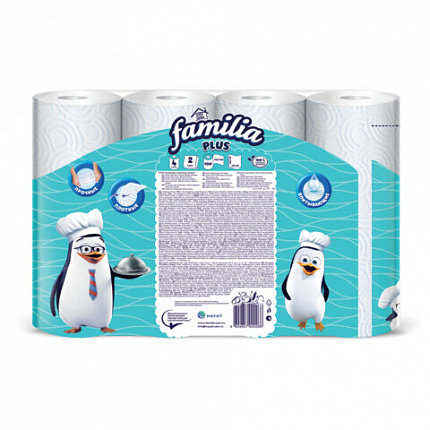 Полотенца бумажные быт., спайка 4 шт., 2-слойные (4х12 м), FAMILIA PLUS, 23x12,5см, б, 5083816