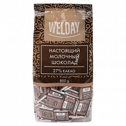 Шоколад порционный высшего качества WELDAY (ВЭЛДЭЙ) "Молочный 27%", 800 г (160 плиток по 5 г), пакет, 622406