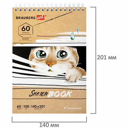 Скетчбук, белая бумага 100 г/м2, 140х201 мм, 60 л., гребень, жёсткая подложка, BRAUBERG ART, "Котик!, 115062
