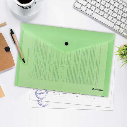 Папка-конверт с кнопкой BRAUBERG "Pastel", А4, до 100 листов, непрозрачная, мятная, 0,18 мм, 270477