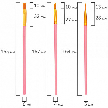 Кисти набор 10 шт., синтетика, розовые, № 2/0-8 (Круглые; Овальные; Плоские; Лайнеры), WBZ, 201088