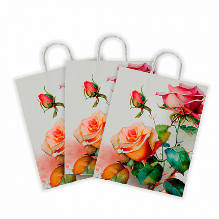 Крафт-пакет бумажный "Розы" 22х12х25 см, с кручеными ручками, плотность 100 г/м2, белый, 114164