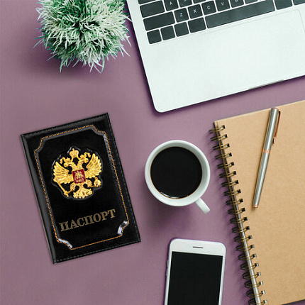 Обложка для паспорта натуральная кожа шик, 3D герб + тиснение "ПАСПОРТ", черная, BRAUBERG, 238201