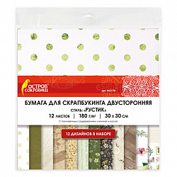 Бумага для скрапбукинга 30х30 см "Рустик", двусторонняя, 12 листов, 12 дизайнов, 180 г/м2, ОСТРОВ СОКРОВИЩ, 662770