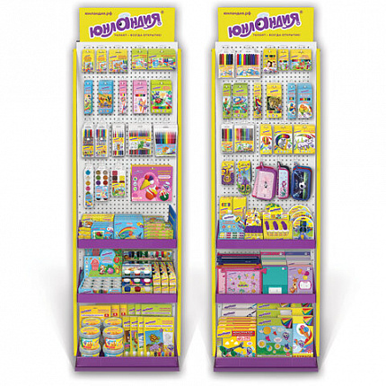 Стойка для размещения товара напольная ЮНЛАНДИЯ, 2050x600x500 мм, 25 крючков, 3 полки, металл, 504879