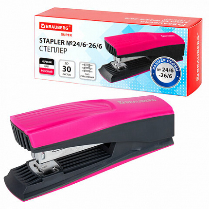 Степлер №24/6, 26/6 BRAUBERG "SUPER", до 30 листов, маджента и черный, 272740