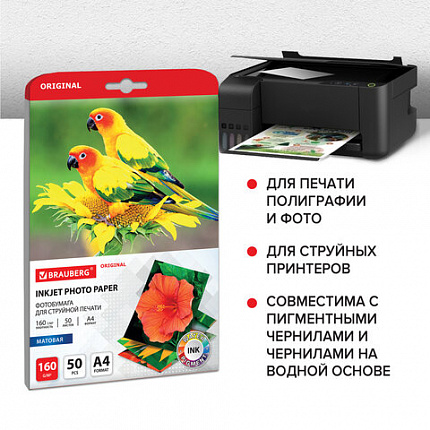 Фотобумага матовая, А4, 160 г/м2, односторонняя, 50 листов, BRAUBERG ORIGINAL, 363985