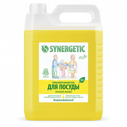 Гель для мытья посуды антибактериальный 5 л, SYNERGETIC "Лимон", 103500