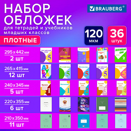 Обложки ПВХ для тетрадей и учебников младших классов, НАБОР 36 шт., ПЛОТНЫЕ, 120 мкм, универсальные, прозрачные, BRAUBERG, 274115