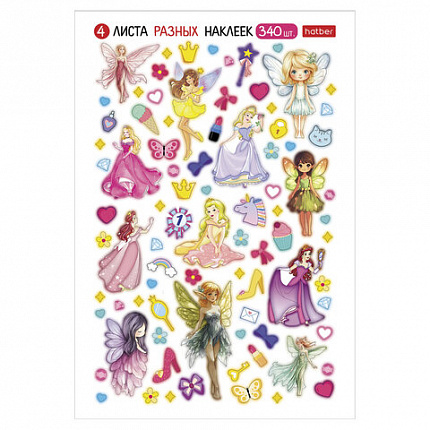 Наклейки бумажные для девочек, НАБОР 4 листа, 336 наклеек, HATBER, 4Н5н