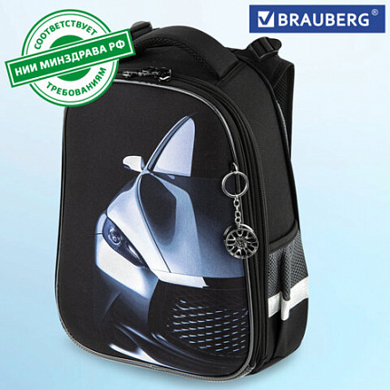 Ранец BRAUBERG PREMIUM, 2 отделения, с брелком, "Быстрая машина", 38х29х16 см, 270600