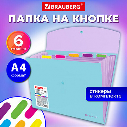 Папка-органайзер конверт на кнопке 6 отделений, BRAUBERG "Extra", A4, голубая с лиловым, 274104