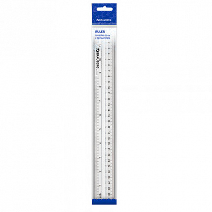 Линейка пластиковая 30 см, BRAUBERG, с держателем, прозрачная, европодвес, 210303