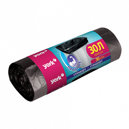 Мешки для мусора 30л, черные, в рулоне 30шт, ПНД, 6мкм, YORK, 902130