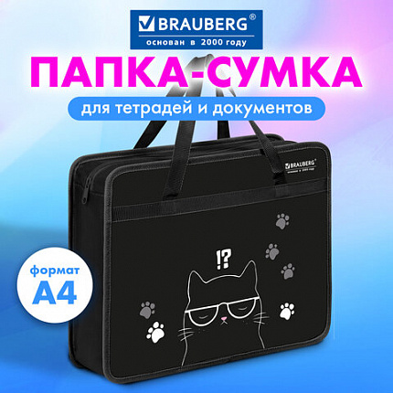 Папка на молнии с ручками BRAUBERG А4, 1 отделение, пластик, 80 мм, "Tough cat", 274493