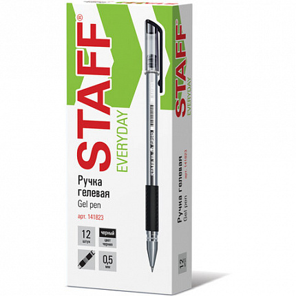 Ручка гелевая с грипом STAFF "EVERYDAY" GP-192, ЧЕРНАЯ, корпус прозрачный, узел 0,5 мм, линия письма 0,35 мм, 141823