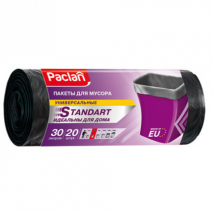 Мешки для мусора 30 л, черные, в рулоне 20 шт., ПНД, 7,3 мкм, 50х60 см, PACLAN "Standart"