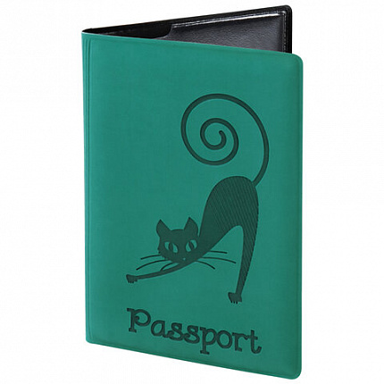 Обложка для паспорта STAFF, мягкий полиуретан, "Кошка", бирюзовая, 237616
