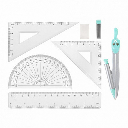 Готовальня BRAUBERG SCHOOL KIT, 9 предметов, циркуль 125 мм, чертежные принадлежности, мятный цвет, 210716