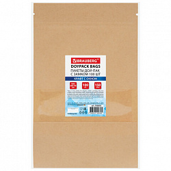 Пакеты дой-пак с замком ZIP LOCK, крафт с окном 60 мм, 180х260 + 40 мм, КОМПЛЕКТ 100 штук, 150 мкм, BRAUBERG, 700693