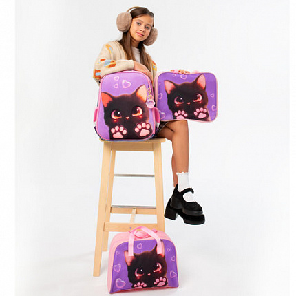Ранец BRAUBERG PREMIUM, 2 отделения, с брелоком, "Кошачьи лапки", велюровая панель, 38х29х16 см, 273098